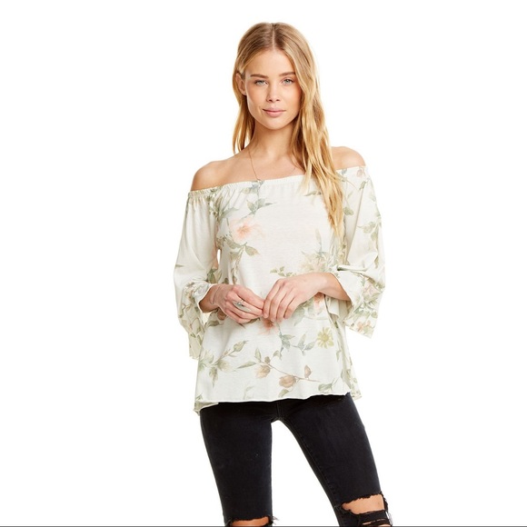 Chaser Tops - Revolve Chaser Off Shoulder Ruffle Sleeve Floral Top White Size Medium NWT
